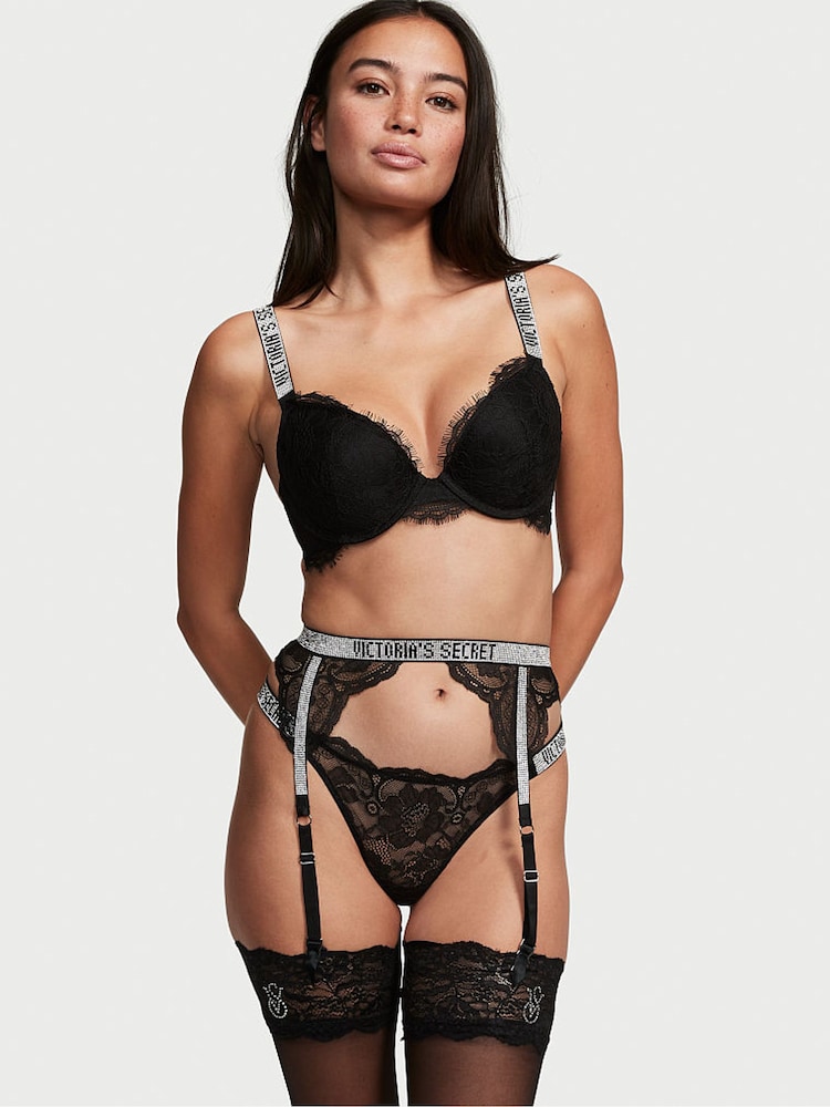 Victoria's Secret Black Lace Shine Strap Suspenders - Image 1 of 4