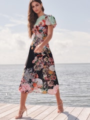 Mary Katrantzou x Lipsy Black Floral Short Sleeve Under Bust Midi Dress - Image 2 of 3