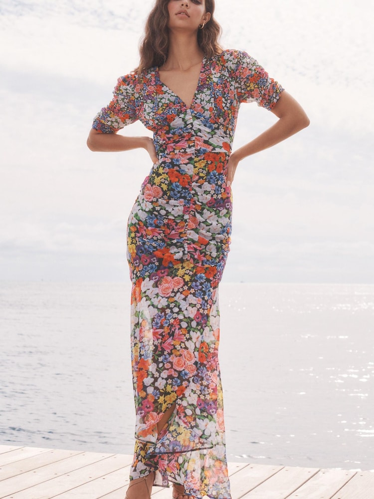 Mary Katrantzou x Lipsy Black Ditsy Ruched Maxi Summer Dress - Image 2 of 4