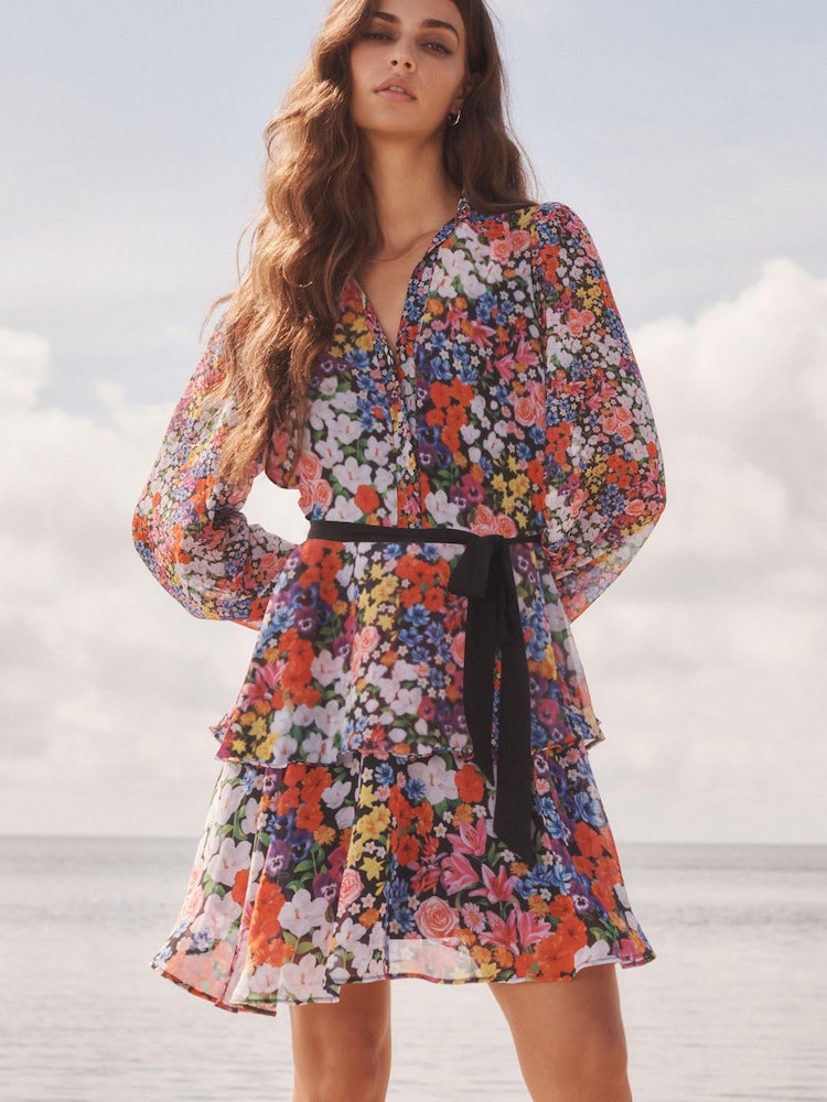 Mary Katrantzou x Lipsy Black Ditsy Tiered Hem Shirt Dress - Image 1 of 4