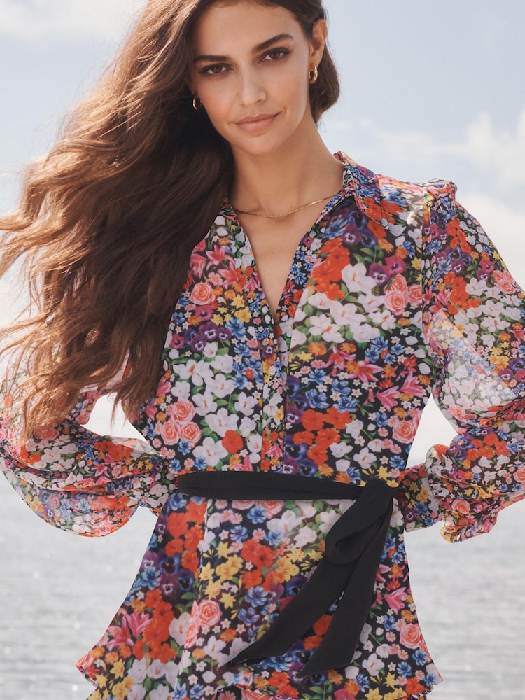 Mary Katrantzou x Lipsy Black Ditsy Tiered Hem Shirt Dress - Image 4 of 4