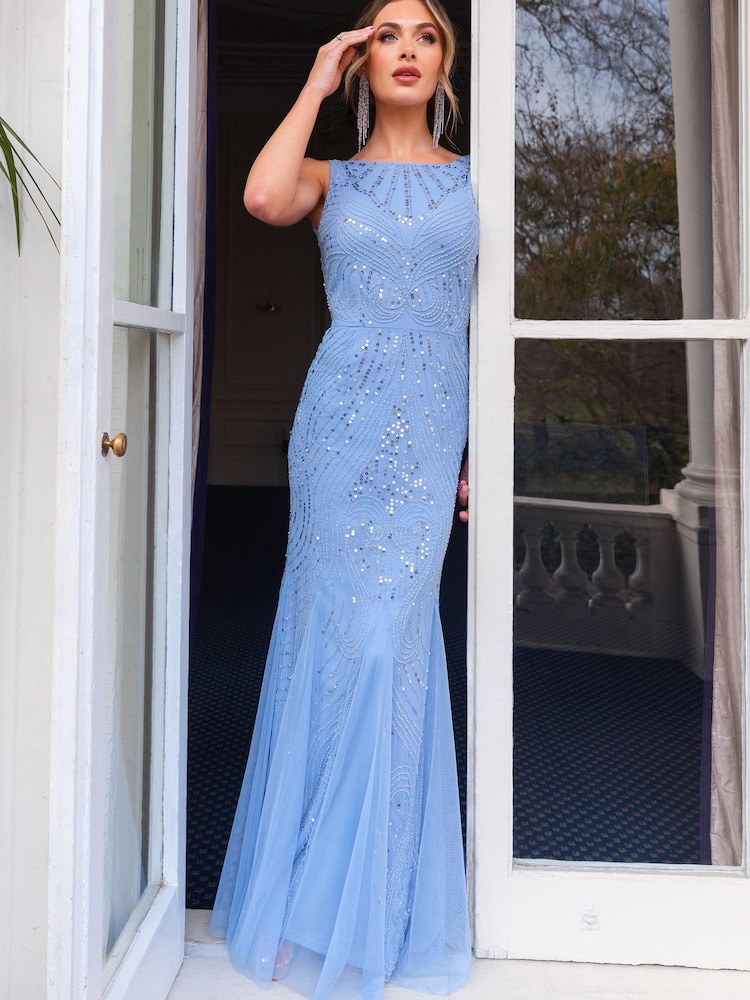Sistaglam Blue Low Back Embellished Maxi Dress - Image 1 of 4