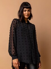 Roman Black Textured Spot Button Up Blouse - Image 1 of 4
