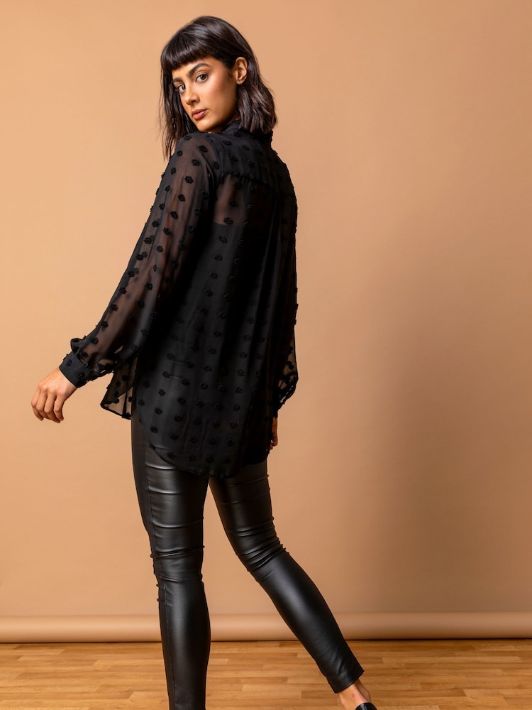 Roman Black Textured Spot Button Up Blouse - Image 2 of 4