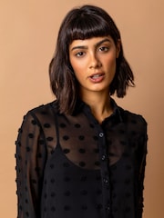 Roman Black Textured Spot Button Up Blouse - Image 4 of 4