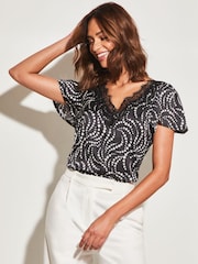 Lipsy Black and White Floral Satin Lace Trim V Neck Short Sleeve T-Shirt - Image 1 of 4