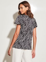 Lipsy Black and White Floral Satin Lace Trim V Neck Short Sleeve T-Shirt - Image 2 of 4