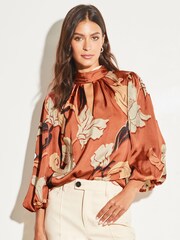 Lipsy Rust Puff 3/4 Sleeve High Neck Keyhole Top - Image 1 of 4