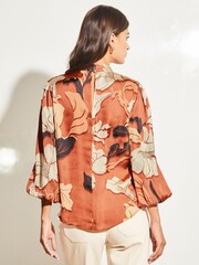 Lipsy Rust Puff 3/4 Sleeve High Neck Keyhole Top - Image 2 of 4