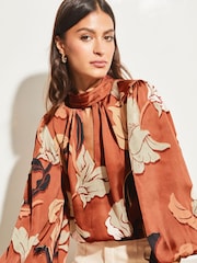 Lipsy Rust Puff 3/4 Sleeve High Neck Keyhole Top - Image 4 of 4