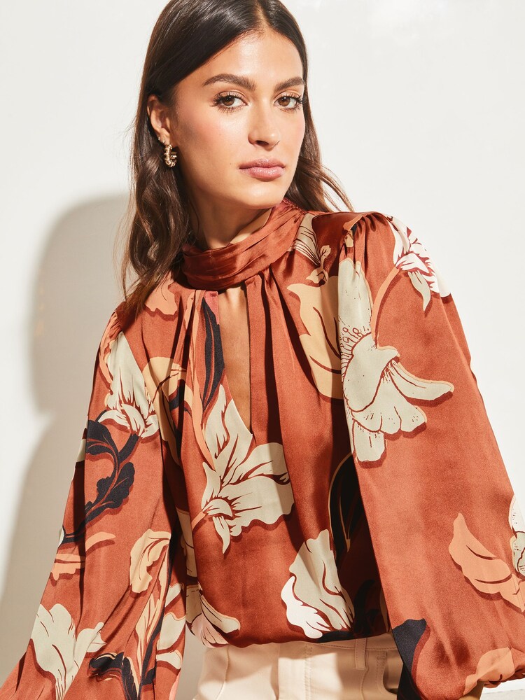 Lipsy Rust Puff 3/4 Sleeve High Neck Keyhole Top - Image 4 of 4
