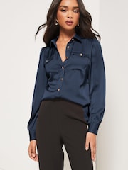 Lipsy Navy Front Pocket Button Through Shirt - Image 1 of 4
