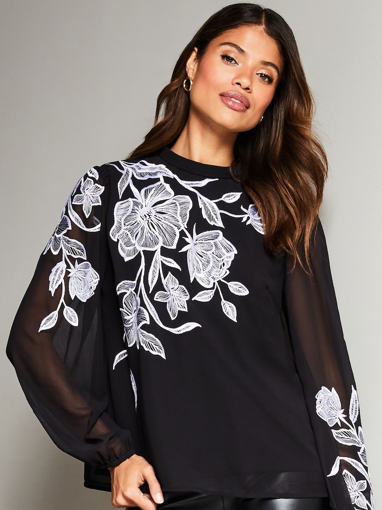 Lipsy Black Long Sleeve Mono Embroidered Top - Image 1 of 4 Lipsy Black Long Sleeve Mono Embroidered Top - Image 1 of 4