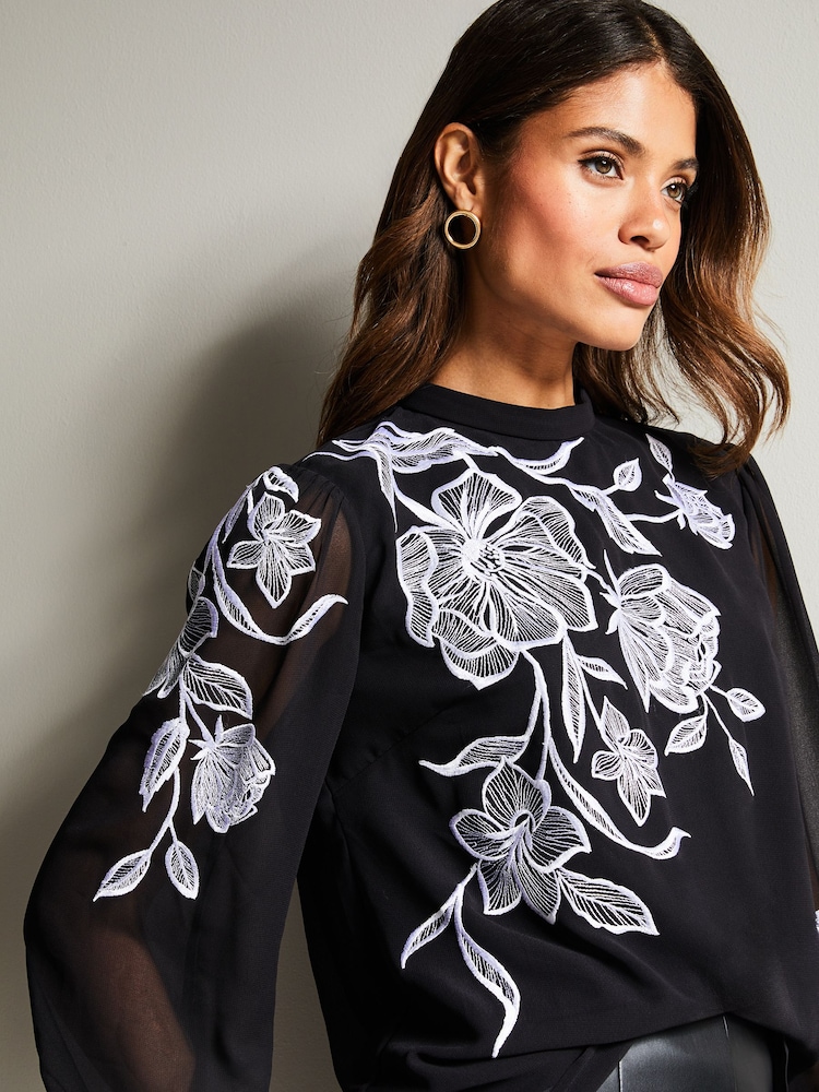 Lipsy Black Long Sleeve Mono Embroidered Top - Image 4 of 4