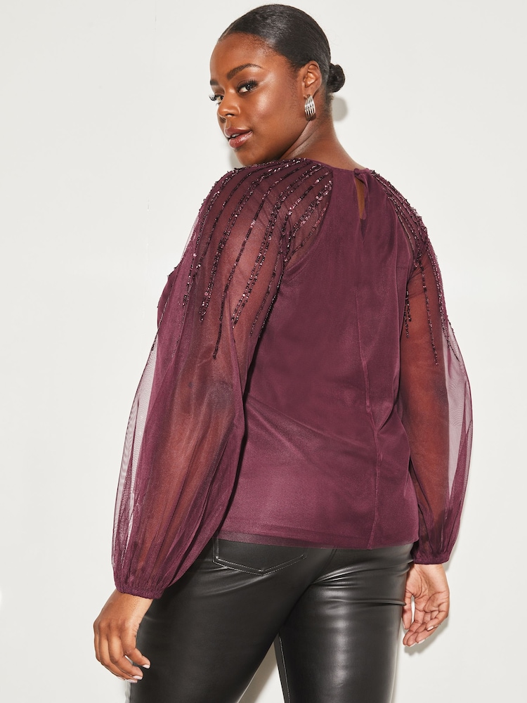 Lipsy Berry Red Curve Long Sleeve Keyhole Sequin Detail Top - Image 2 of 4 Lipsy Berry Red Curve Long Sleeve Keyhole Sequin Detail Top - Image 2 of 4