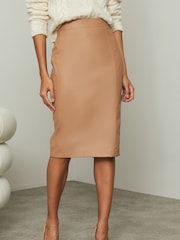 Lipsy Tan Faux Leather Pencil Skirt - Image 1 of 4