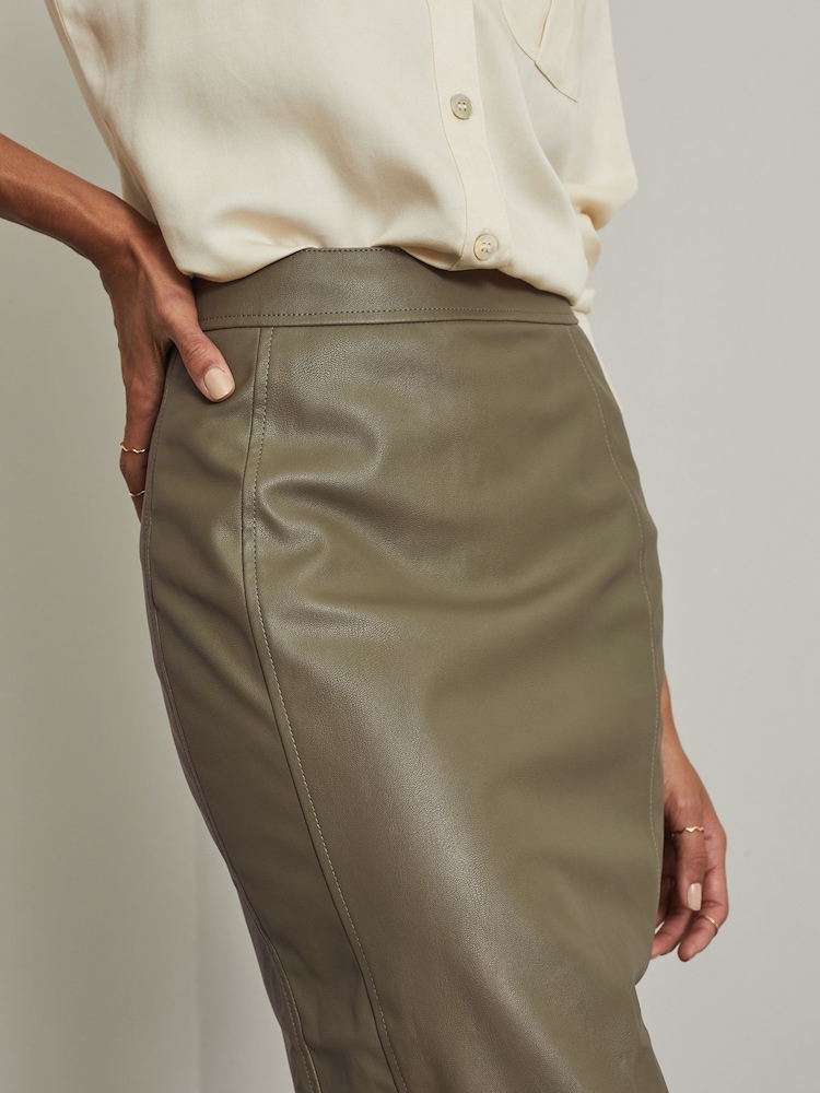 Lipsy Khaki Green Faux Leather Pencil Skirt - Image 4 of 4