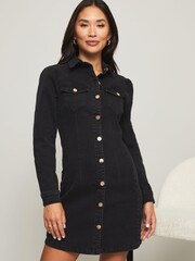 Lipsy Black Puff Sleeve Seamed Denim Dress - Image 1 of 5