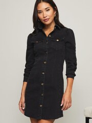 Lipsy Black Puff Sleeve Seamed Denim Dress - Image 3 of 5