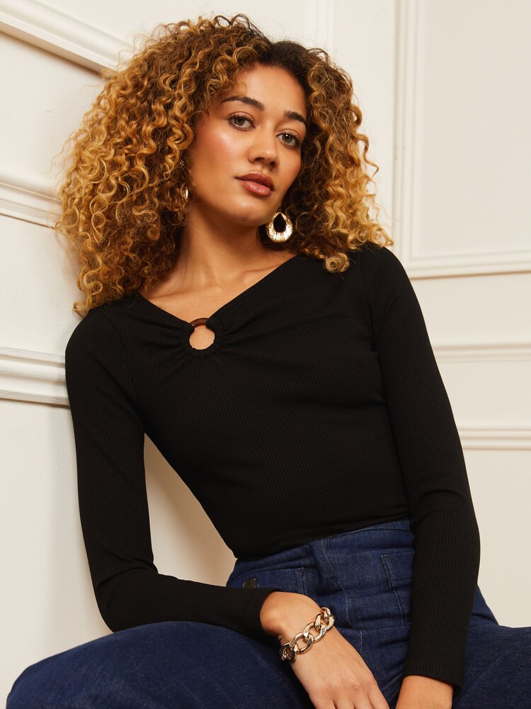 Love & Roses Black Ring Detail Asymmetric Neck Long Sleeve Ribbed Jersey Top - Image 1 of 4