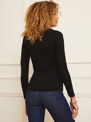 Love & Roses Black Ring Detail Asymmetric Neck Long Sleeve Ribbed Jersey Top - Image 3 of 4