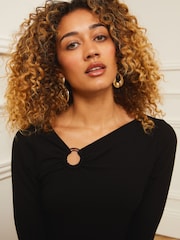 Love & Roses Black Ring Detail Asymmetric Neck Long Sleeve Ribbed Jersey Top - Image 4 of 4