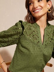 Love & Roses Khaki Green Broderie V Neck Ruffle Yoke Puff Sleeve Blouse - Image 4 of 4