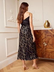 Love & Roses Black and Gold Metallic Bias Cut Button Detail Midi Skirt - Image 3 of 4