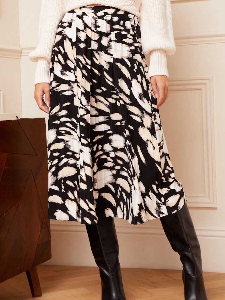 Love & Roses Black/White Animal Pleated Midi Skirt - Image 1 of 4