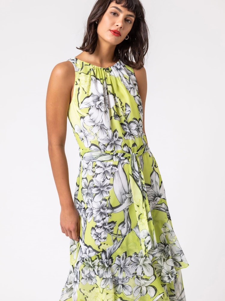 Roman Green Floral Tie Waist Dipped Hem Dress - Image 1 of 5