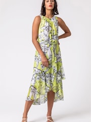 Roman Green Floral Tie Waist Dipped Hem Dress - Image 3 of 5