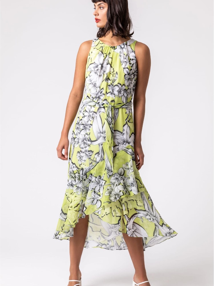 Roman Green Floral Tie Waist Dipped Hem Dress - Image 5 of 5