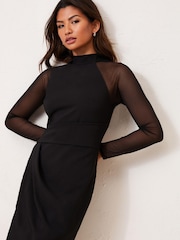Lipsy Black Mesh Long Sleeve Asymmetrical Bodycon Dress - Image 4 of 4