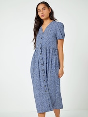 Dusk Blue Ditsy Spot Button Through Midi Dress - Image 1 of 5