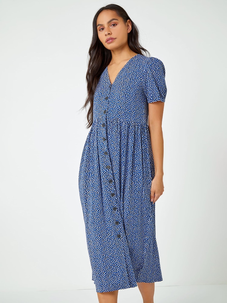 Dusk Blue Ditsy Spot Button Through Midi Dress - Image 1 of 5