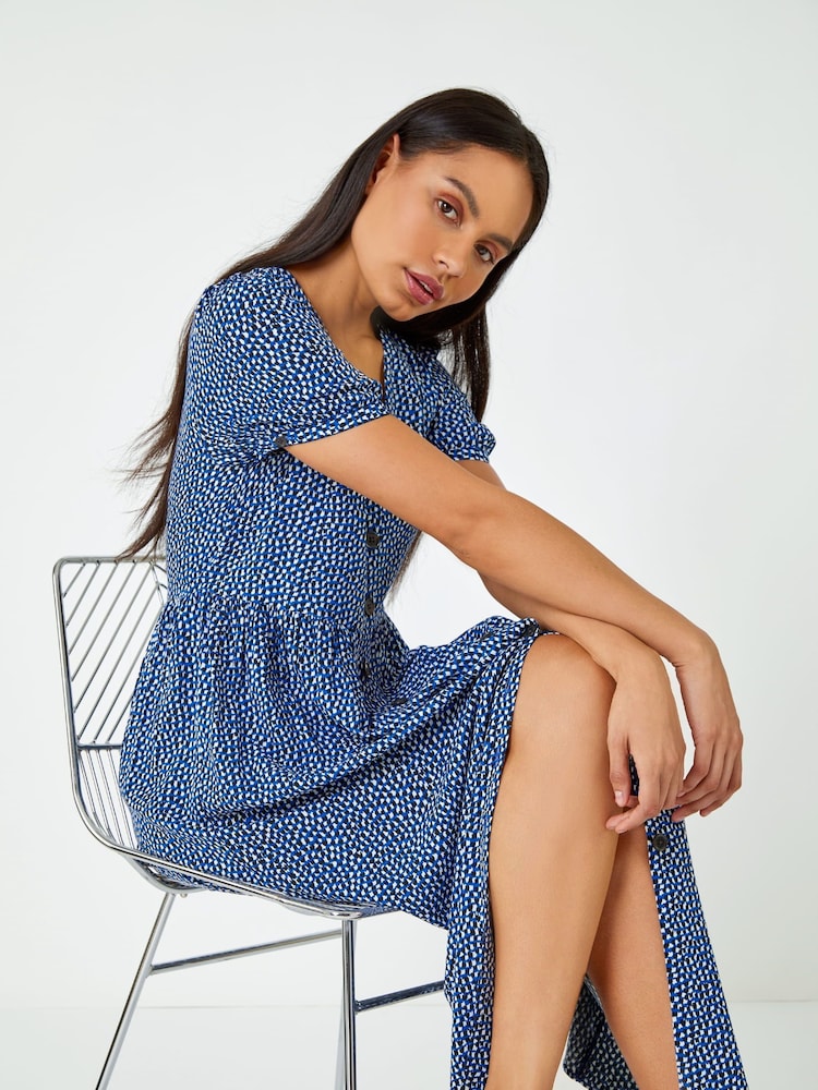 Dusk Blue Ditsy Spot Button Through Midi Dress - Image 2 of 5