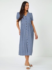 Dusk Blue Ditsy Spot Button Through Midi Dress - Image 4 of 5
