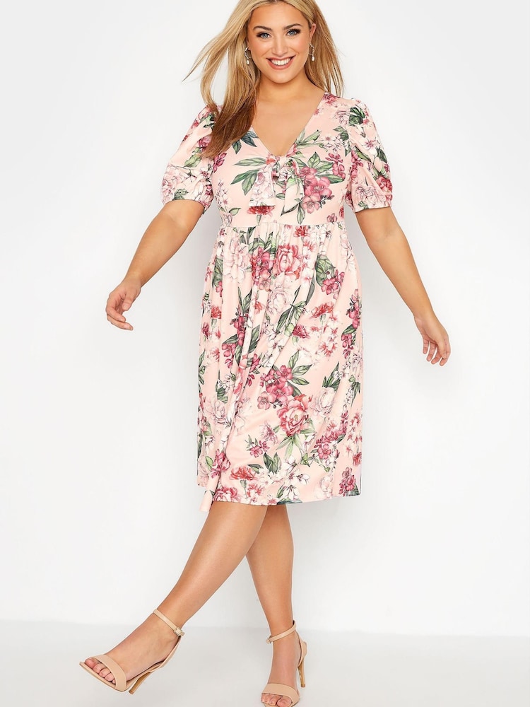 Yours Curve Pink Puff Sleeve Bow Front Floral Wrap Skater Dress - Image 1 of 4 Yours Curve Pink Puff Sleeve Bow Front Floral Wrap Skater Dress - Image 1 of 4