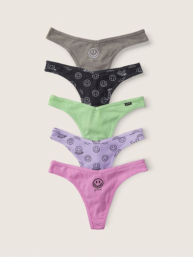 Victoria's Secret PINK Grey/Purple/Green Smiley Thong Cotton Knickers Multipack - Image 1 of 1
