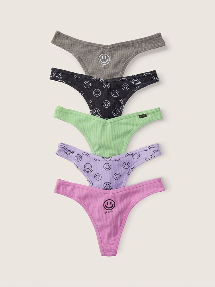 Victoria's Secret PINK Grey/Purple/Green Smiley Thong Cotton Knickers Multipack - Image 1 of 1 Victoria's Secret PINK Grey/Purple/Green Smiley Thong Cotton Knickers Multipack - Image 1 of 1