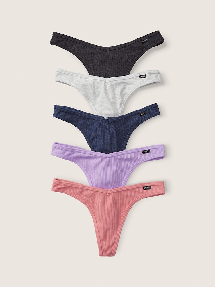 Victoria's Secret PINK Grey/Purple/Pink Thong Cotton Knickers Multipack - Image 1 of 1 Victoria's Secret PINK Grey/Purple/Pink Thong Cotton Knickers Multipack - Image 1 of 1