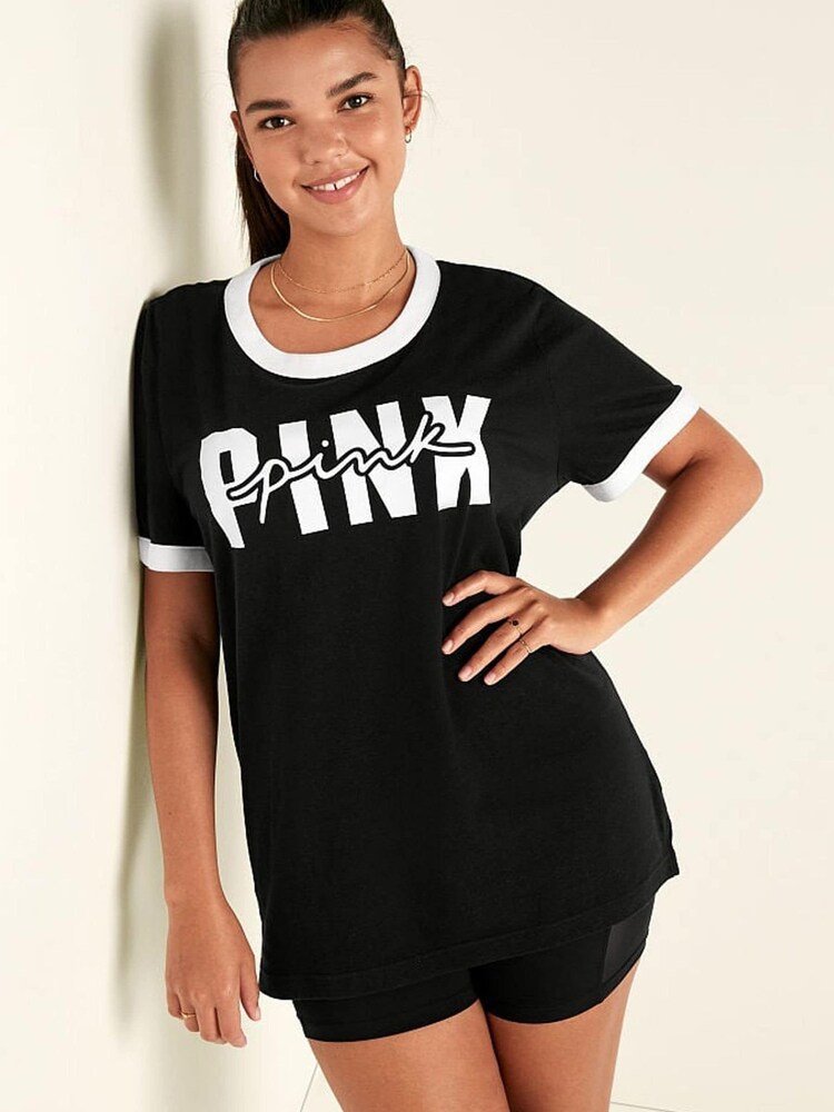 Victoria's Secret PINK Pure Black Short Sleeve T-Shirt - Image 1 of 1 Victoria's Secret PINK Pure Black Short Sleeve T-Shirt - Image 1 of 1
