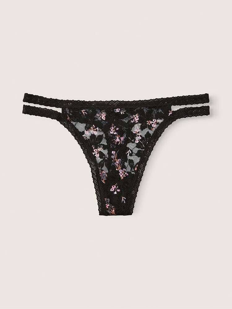 Victoria's Secret PINK Pure Black Floral Black Strappy Lace Thong Knickers - Image 1 of 1 Victoria's Secret PINK Pure Black Floral Black Strappy Lace Thong Knickers - Image 1 of 1