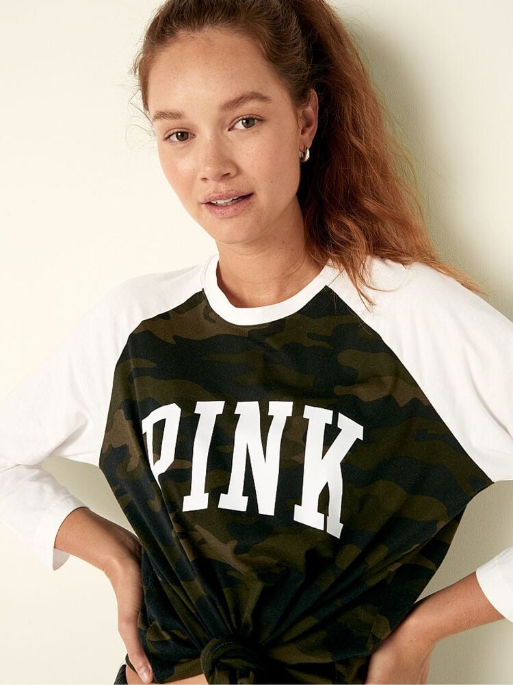 Victoria's Secret PINK Cotton / Sleeve Campus Baseball T-Shirt - Image 1 of 1 Victoria's Secret PINK Cotton / Sleeve Campus Baseball T-Shirt - Image 1 of 1