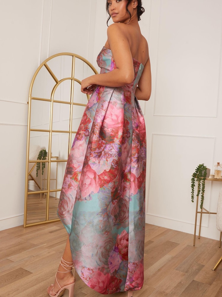 Chi Chi London Multi Strapless Printed Dip Hem Dress - Image 2 of 4 Chi Chi London Multi Strapless Printed Dip Hem Dress - Image 2 of 4