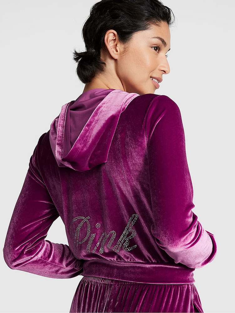 Victoria's Secret PINK Vivid Magenta Pink Velour Logo Shine Hoodie - Image 2 of 4