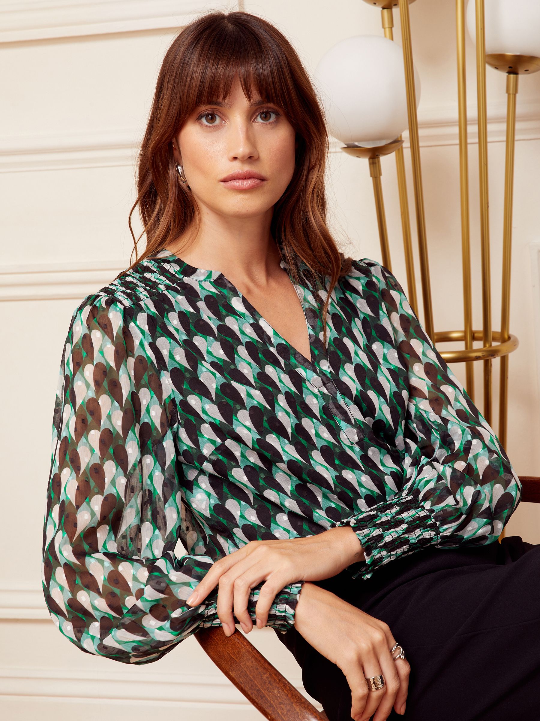 Buy Love Roses Green and Black Geo Sheer V Neck Long Sleeve Over The Head Blouse from Next Luxembourg