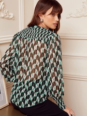 Love & Roses Green and Black Geo Sheer V Neck Long Sleeve Over The Head Blouse - Image 3 of 4