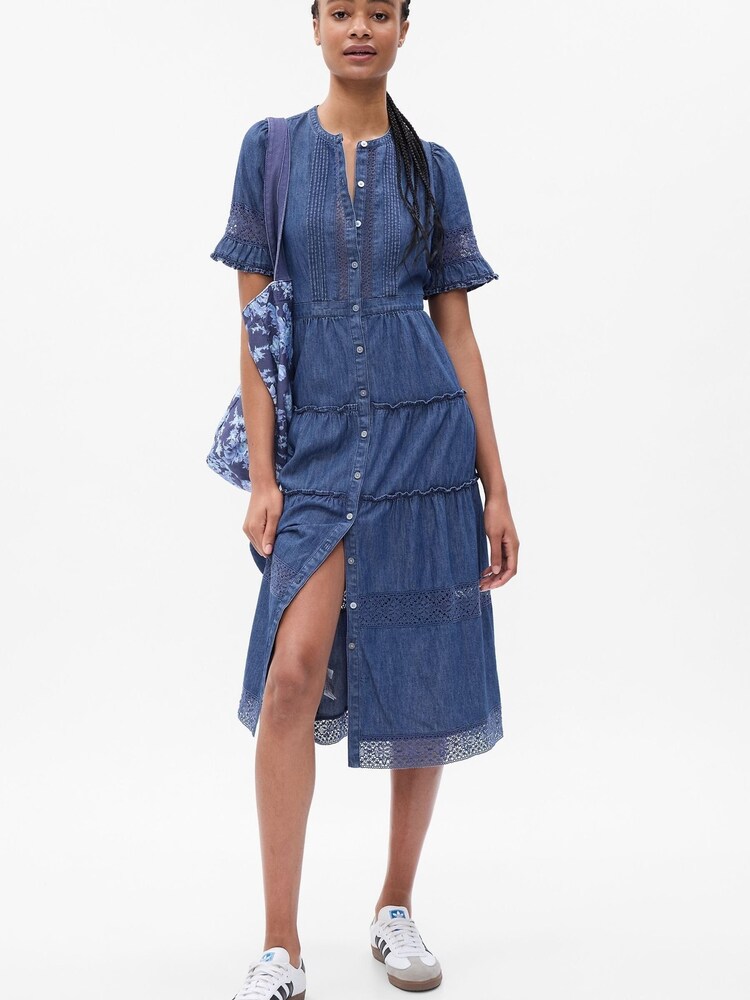 Gap Blue LoveShackFancy Denim Tiered Midi Dress - Image 1 of 5