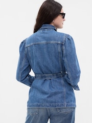 Gap Blue Belted Puff Sleeve Denim Jacket with Washwell - Image 2 of 5